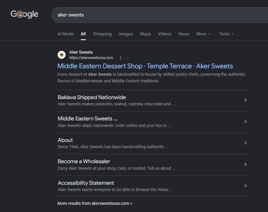 Google result for Aker Sweets showing six of their own pages: Baklava Shipped Nationwide, About, Middle Eastern Sweets, Catering, Help and Support