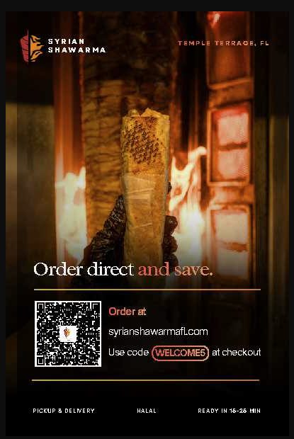 A printed QR conversion card: Order direct and save, with the restaurant's own domain and a welcome code