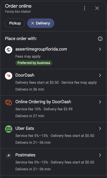 Google Order online panel showing the restaurant's own site marked Preferred by business, above DoorDash