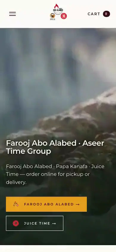 The Farooj Abo Alabed Zayos storefront on a phone, showing the restaurant's name, a dish photographed for the menu and its order buttons