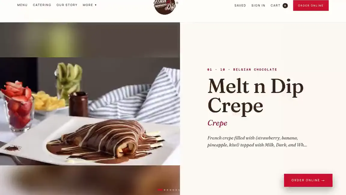 The Melt N Dip ordering site, showing the restaurant's own menu navigation, a dessert photographed for the menu beside its price, and an Order Online button